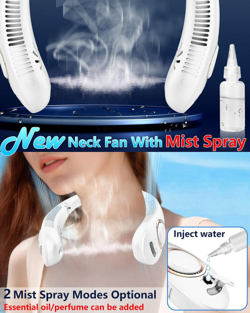 Portable Bladeless Neck Fan with Cooling Mist Spray, USB-C Rechargeable, LED Display, and Foldable Design for Outdoor Use in Bright White