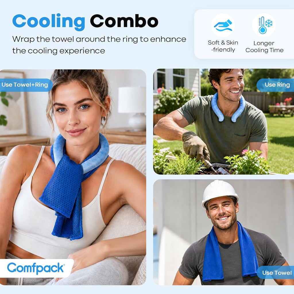 2-Pack Reusable Neck Cooling Tubes with Cooling Towels for Warm Weather | Instant Cooling Solution at 64°F for Outdoor Activities, Sports, Gardening, and Hot Flashes