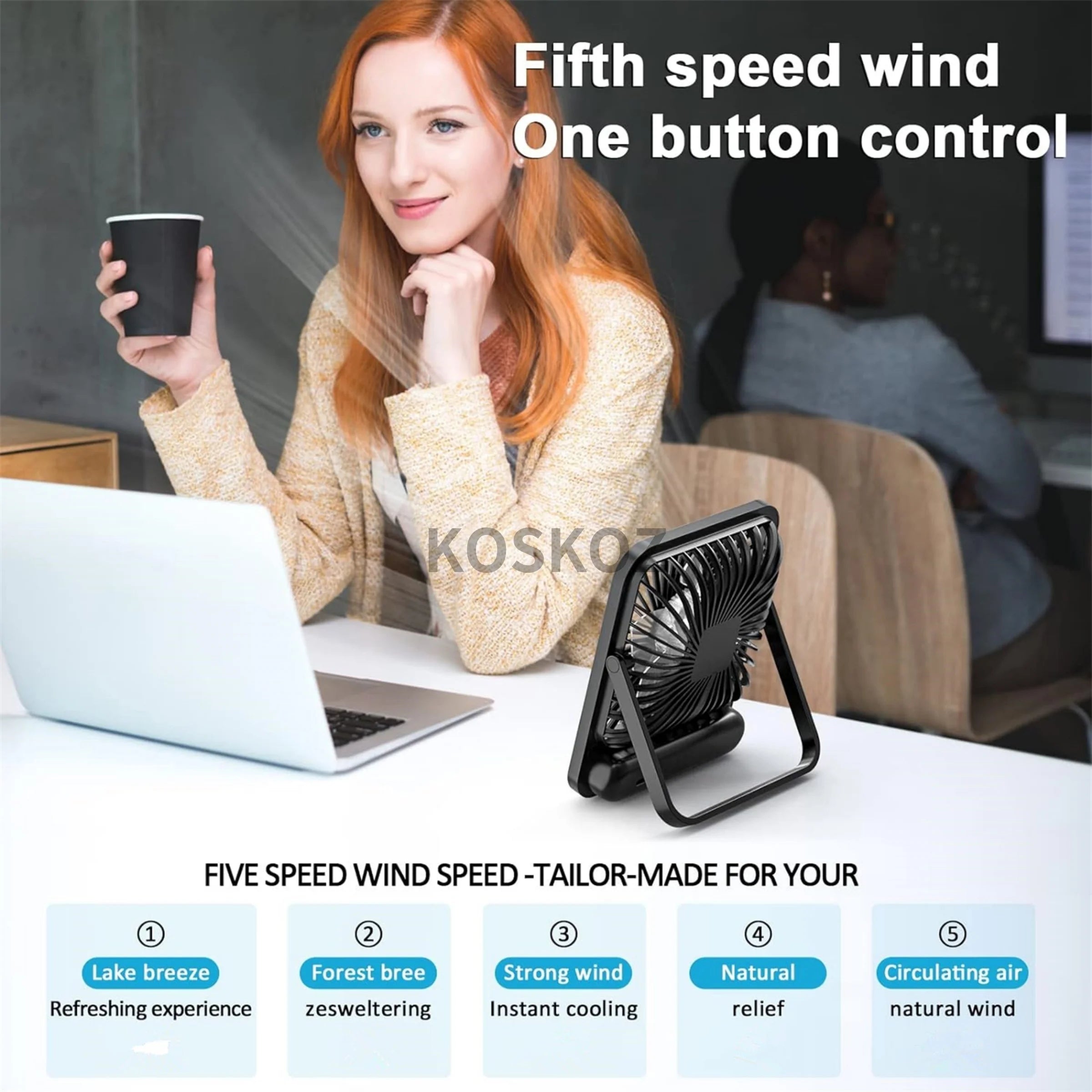 Portable Rechargeable Desk Fan – 5 Speeds, 180° Foldable & Quiet
