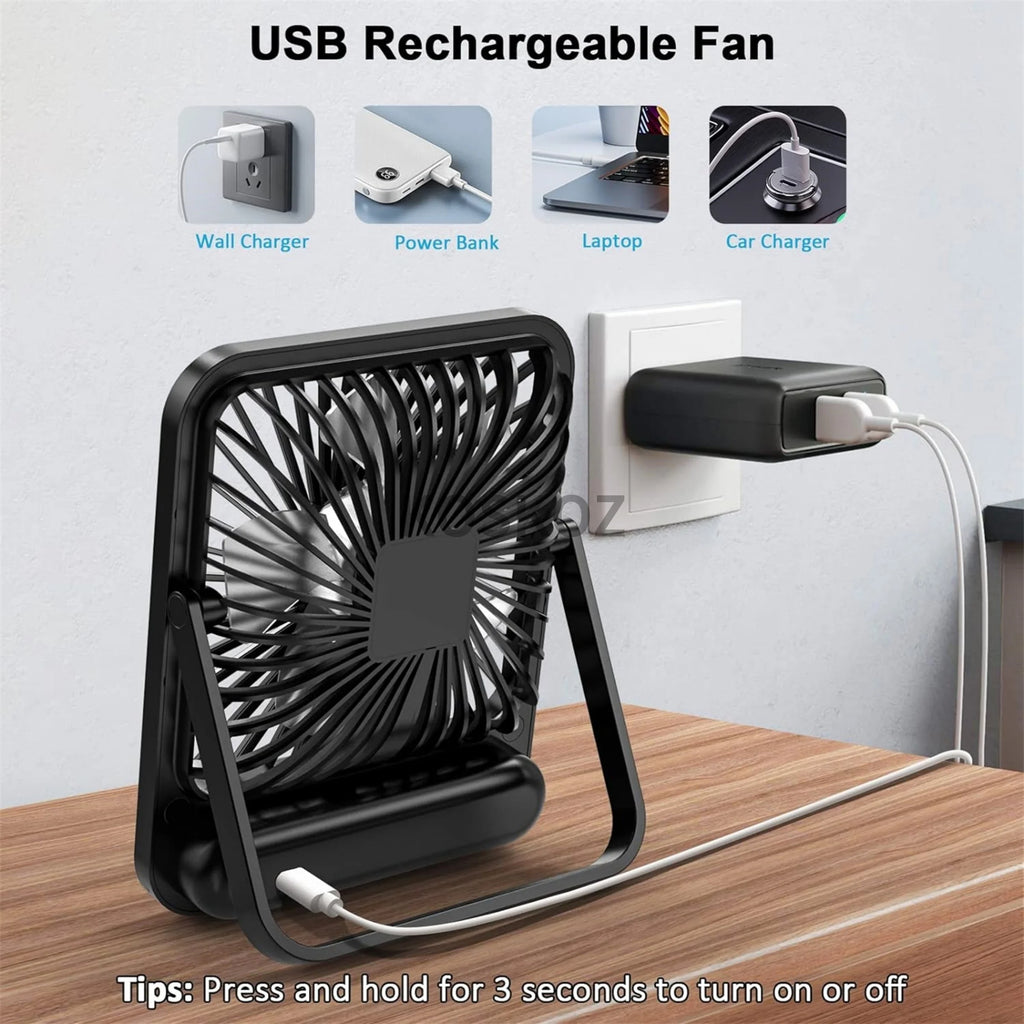 Portable Rechargeable Desk Fan – 5 Speeds, 180° Foldable & Quiet