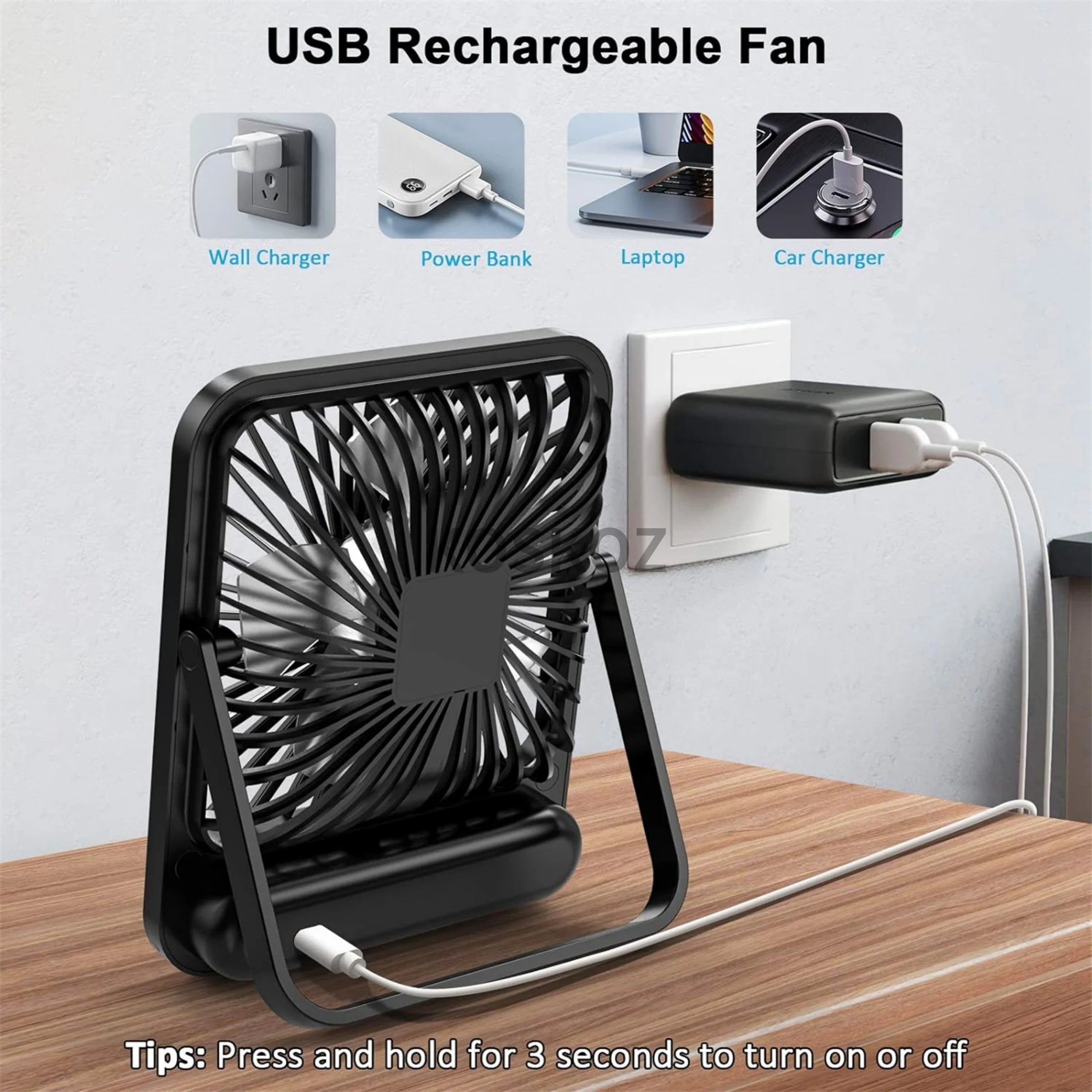 Portable Rechargeable Desk Fan – 5 Speeds, 180° Foldable & Quiet