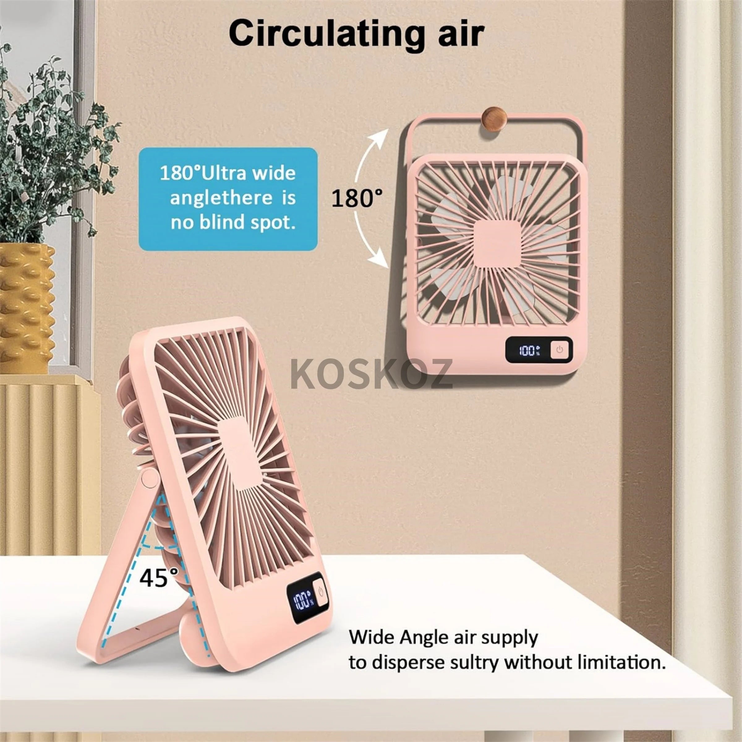 Portable Rechargeable Desk Fan – 5 Speeds, 180° Foldable & Quiet