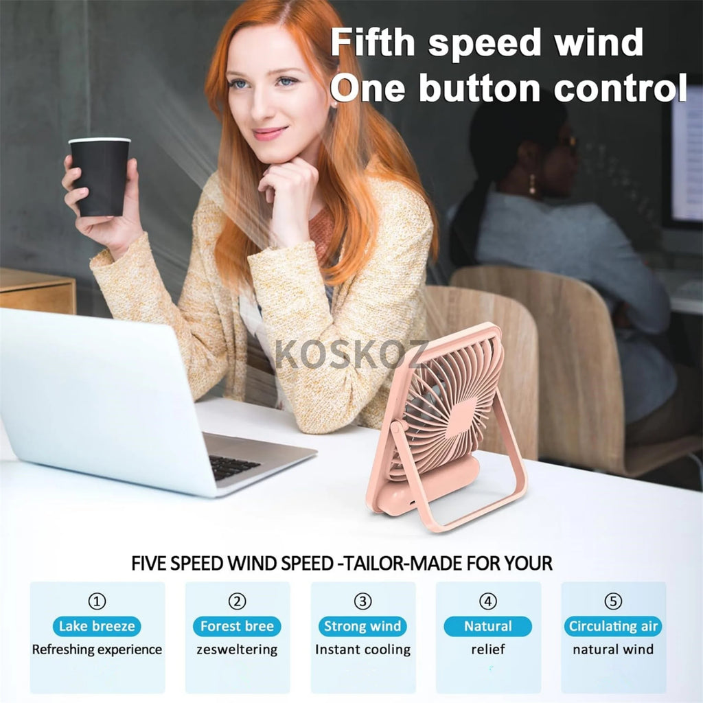 Portable Rechargeable Desk Fan – 5 Speeds, 180° Foldable & Quiet