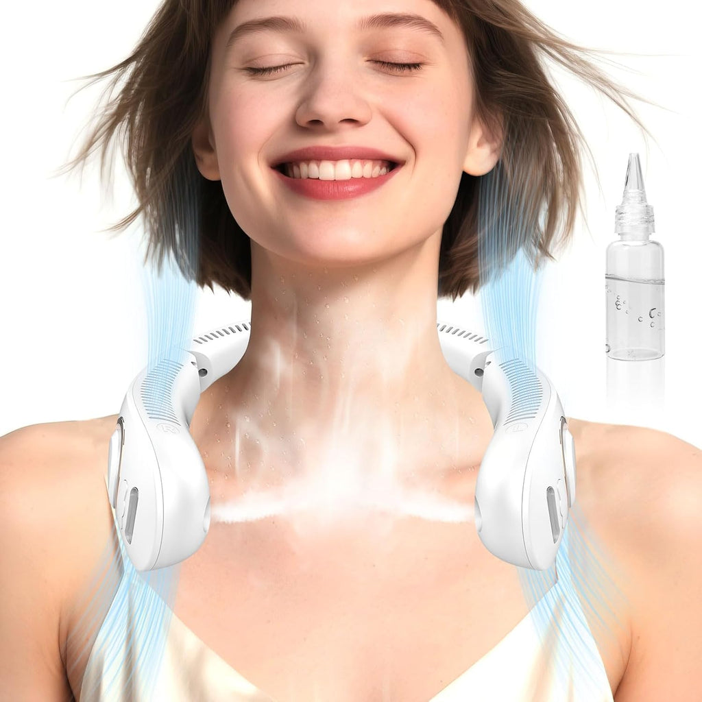 Portable Bladeless Neck Fan with Cooling Mist Spray, USB-C Rechargeable, LED Display, and Foldable Design for Outdoor Use in Bright White