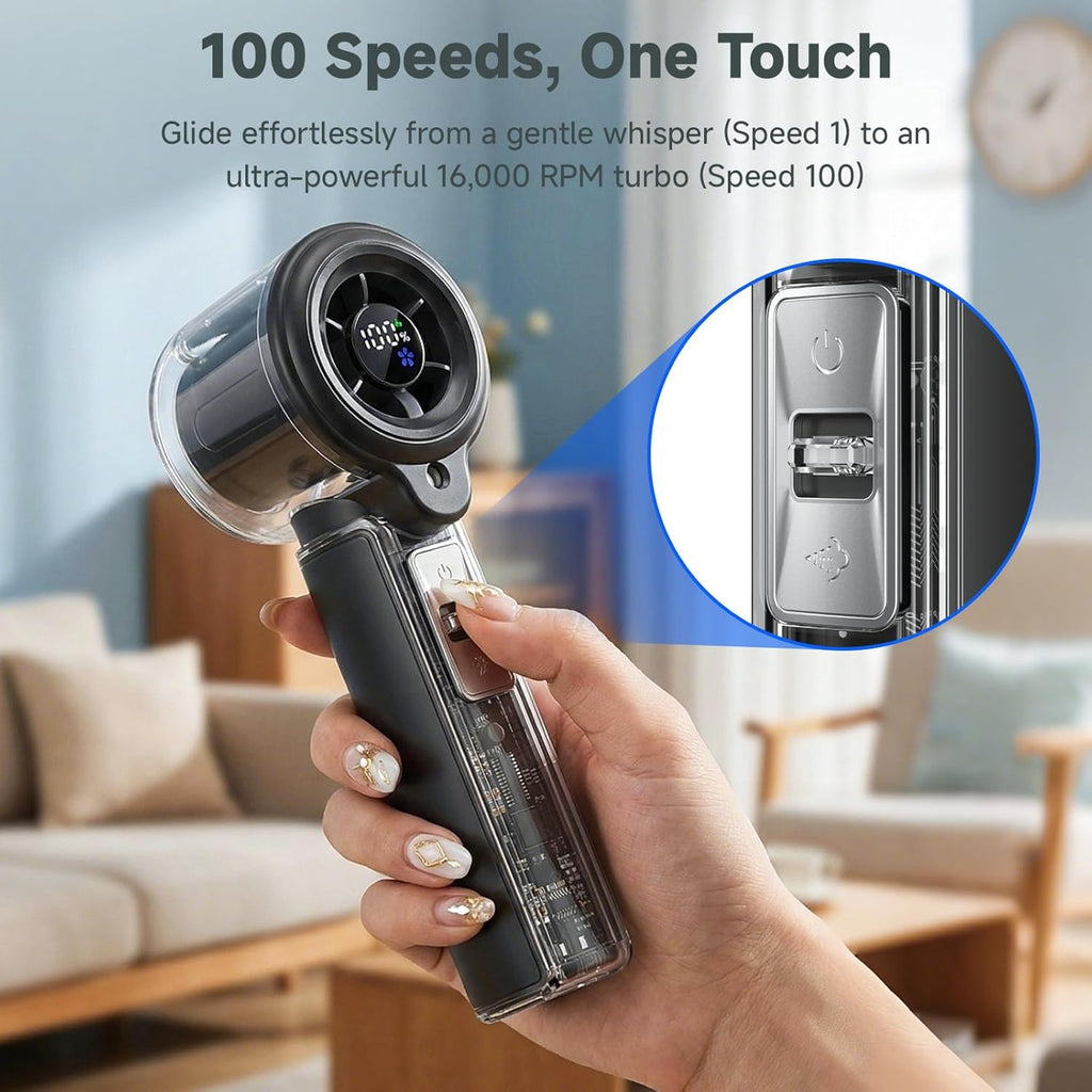 Handheld Mist Spray Fan with Toggle Button and LED Display | 1-100 Speed Settings, 3000mAh USB Rechargeable, 16000 RPM Turbo Mini Fan for Travel, Outdoor, Camping, Makeup, Home, and Office Use