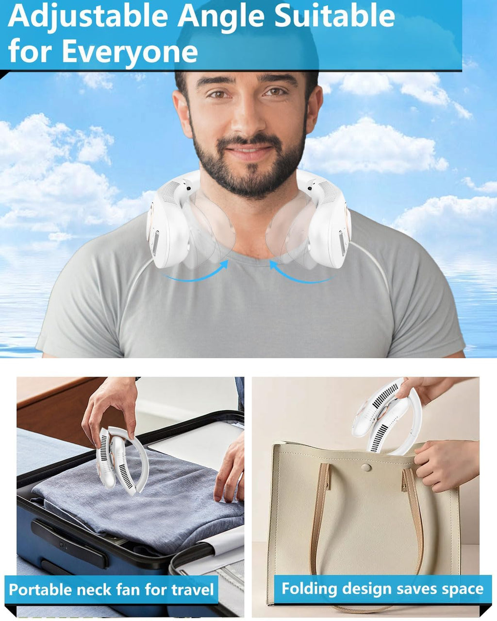 Portable Bladeless Neck Fan with Cooling Mist Spray, USB-C Rechargeable, LED Display, and Foldable Design for Outdoor Use in Bright White