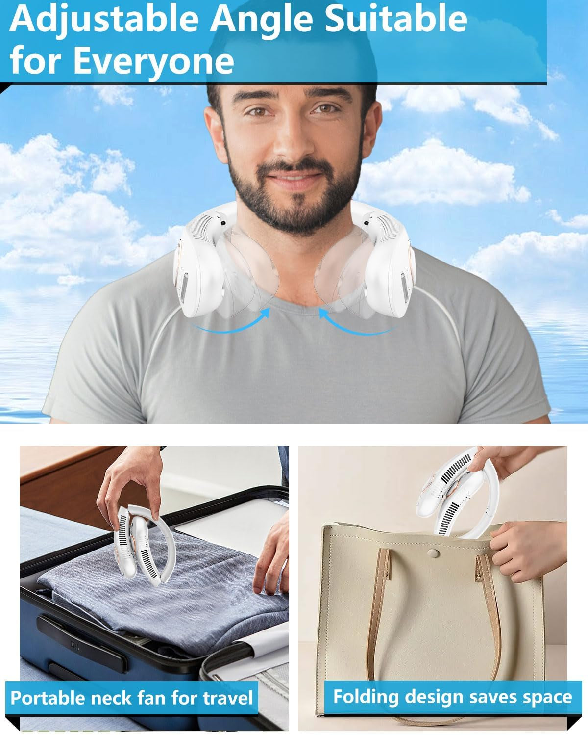 Portable Bladeless Neck Fan with Cooling Mist Spray, USB-C Rechargeable, LED Display, and Foldable Design for Outdoor Use in Bright White