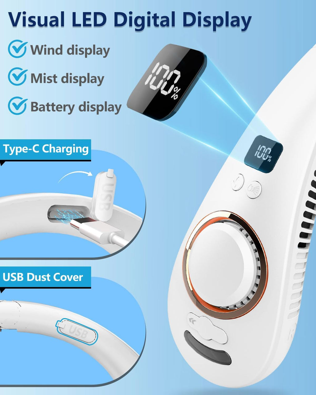 Portable Bladeless Neck Fan with Cooling Mist Spray, USB-C Rechargeable, LED Display, and Foldable Design for Outdoor Use in Bright White