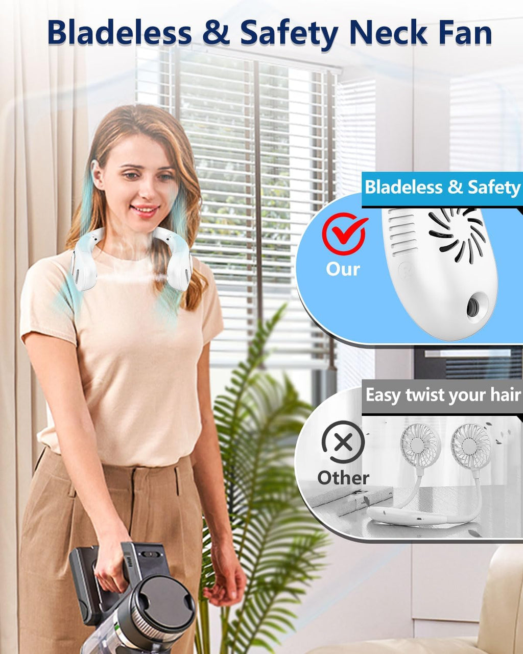 Portable Bladeless Neck Fan with Cooling Mist Spray, USB-C Rechargeable, LED Display, and Foldable Design for Outdoor Use in Bright White