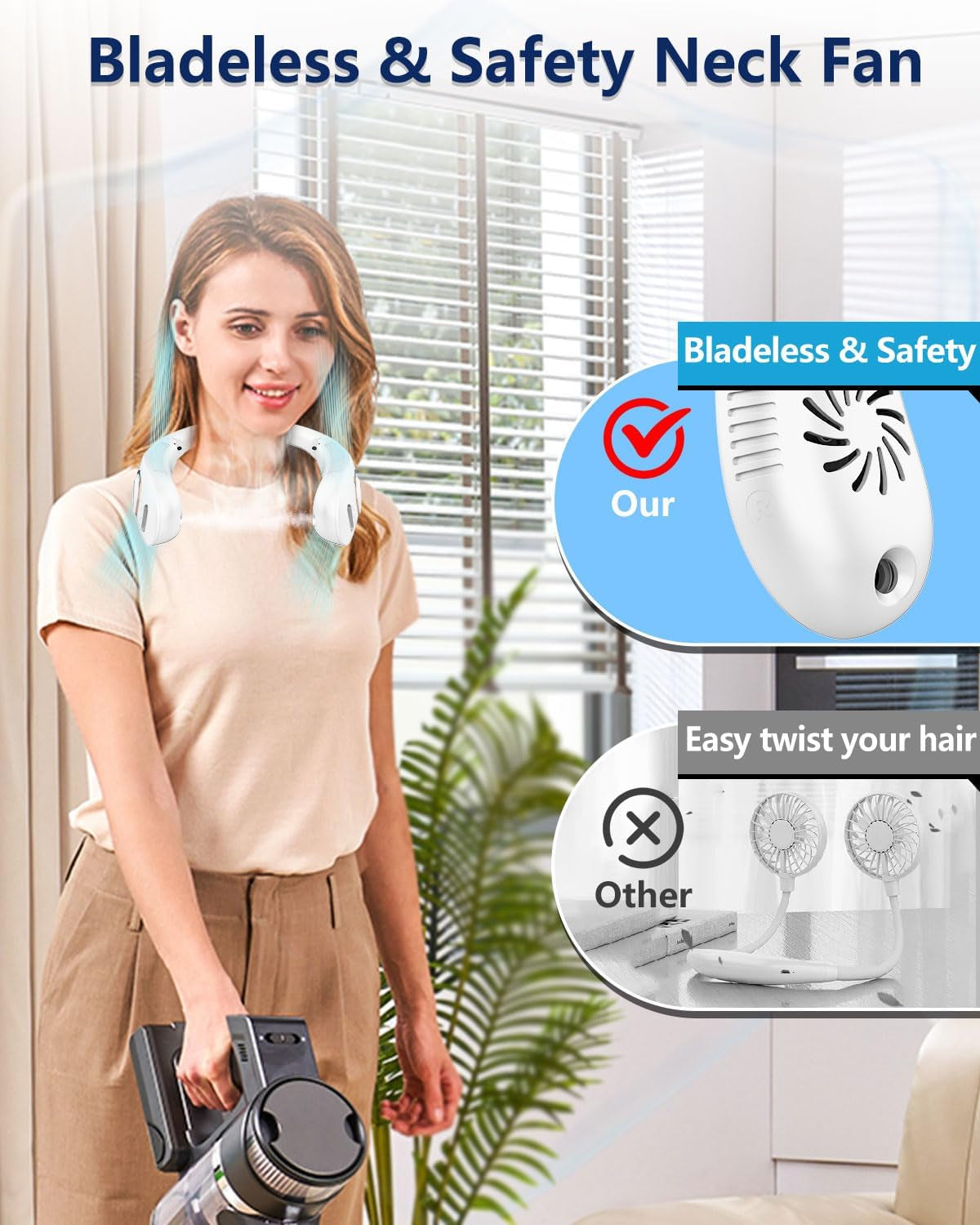 Portable Bladeless Neck Fan with Cooling Mist Spray, USB-C Rechargeable, LED Display, and Foldable Design for Outdoor Use in Bright White